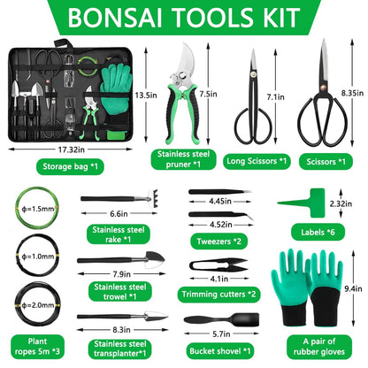 Bonfino Bonsai Tools Set, 21 Pcs Bonsai Tool Kit for Beginners, Bonsai Pruning Kit, Bonsai Scissors, Pruning Shears, PU Leather Bag, Gardening Gift for Women Parents
