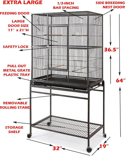 64" Extra Large Tight 1/2-Inch Bar Spacing Wrought Iron Flight Canary Parakeet Cockatiel Lovebird Finch Home Cage Side Nesting Box Doors with Removable Rolling Stand