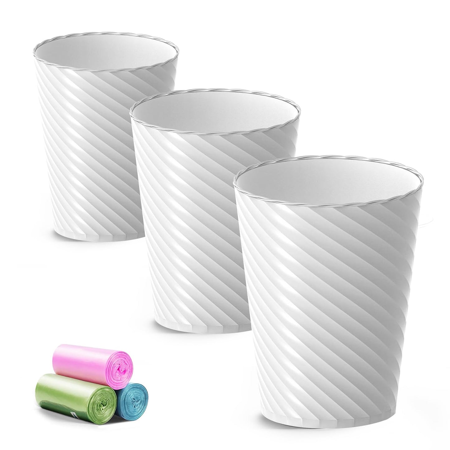 Bathroom Trash Can, 3 Pack 1.8 Gallons Small Trash Can with Trash Bags, Bathroom Garbage Can, Plastic Trash Bin, Round Waste Basket for Living Room, Bedroom, Office, Kitchen, Compact Space (White)