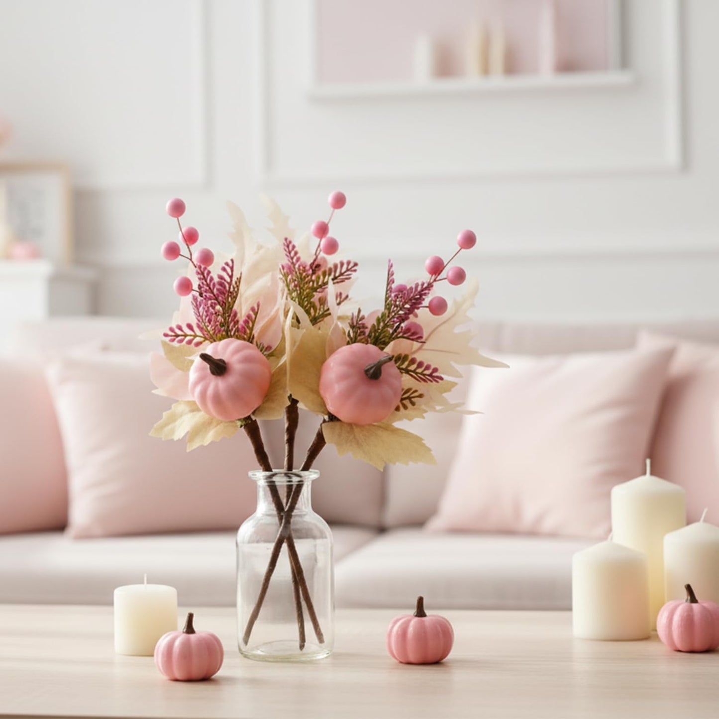 Adurself 6PCS Pink Fall Picks with Pumpkins – Artificial Autumn Floral Stems with Pink Pumpkin, Berries and Leaves for Thanksgiving Harvest Centerpiece, Vase, Home & Party Decoration