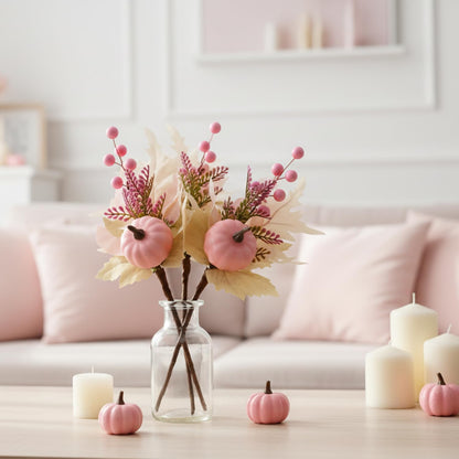 Adurself 6PCS Pink Fall Picks with Pumpkins – Artificial Autumn Floral Stems with Pink Pumpkin, Berries and Leaves for Thanksgiving Harvest Centerpiece, Vase, Home & Party Decoration