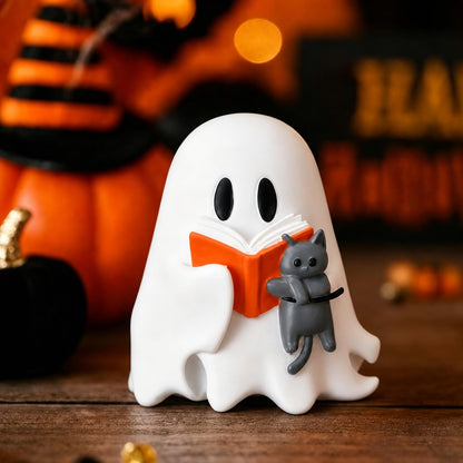 Vicenpal Halloween Ghost Reading Book with Cat Figurine Resin Spooky Tabletop Decor for Indoor Home Office Bookshelf Coffee Table Centerpieces Party Props