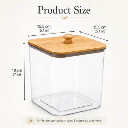 Yomjarl Bath Salt Container,2 Pack Clear Plastic Storage Bathroom Canisters with Wooden Lids & Handle,Airtight Bath Salt Dispenser Jars for Bathroom Organization Accessories,Bathtub Decor Box