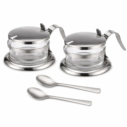 2 PCS Stainless Steel Salt Server with Spoon, Glass Salt Cellar for Countertop, Heavyweight Seasoning Jar Set with Flip Lid, Elegant Sugar Pepper Container for Home Kitchen Baking Station