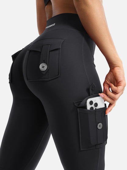 YEOREO CoreFlex Women Workout Flare Leggings with Pockets Hidden Scrunch High Waisted Cargo Gym Yoga Leggings Black L
