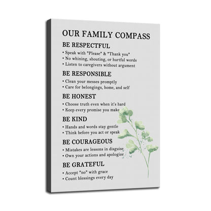 Our Family Compass Quote Canvas Wall Art House Rules Sweet Home Wall Decor for Living Room Decoration Family Sign Poster Picture Artwork Print for Home Bedroom Framed Ready to Hang [12''W x 18''H]