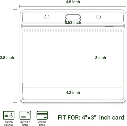 4x3 Inch Horizontal Badge Holder, Clear Plastic ID Card Protector with Waterproof Resealable Zip Type, Badge Sleeve Fits Name Tag Holder/RFID/Proximity/Credit Card (100PCS)