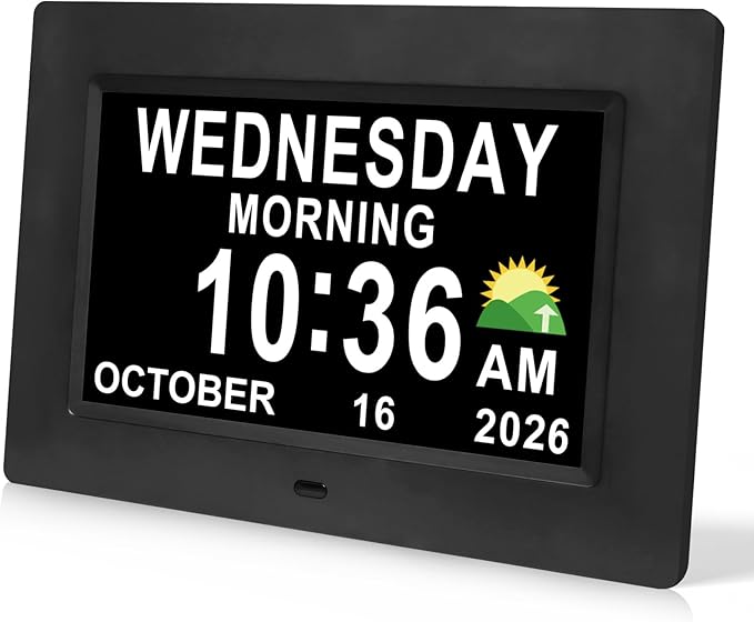 SSINI Digital Calendar Dementia Alarm Clock with Day and Date for Elderly - 15 Alarms 5 Colors Display Large Display Alzheimers Clock Large Digital Clock for Seniors (7in Black)