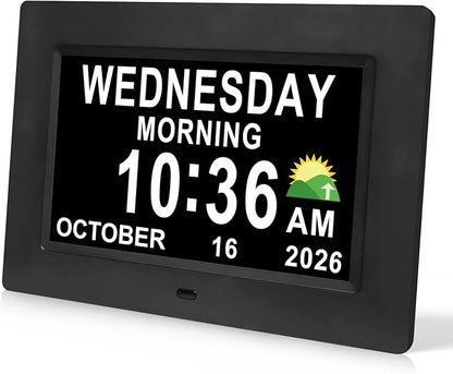 SSINI Digital Calendar Dementia Alarm Clock with Day and Date for Elderly - 15 Alarms 5 Colors Display Large Display Alzheimers Clock Large Digital Clock for Seniors (7in Black)