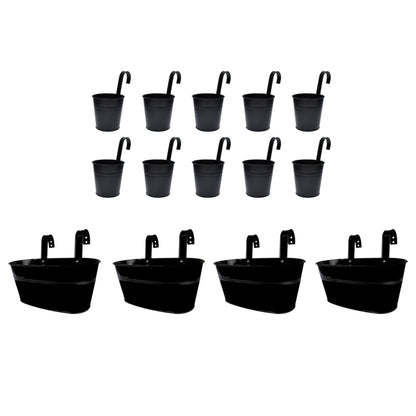 LaLaGreen Bundle - 10 Pack, 6 Inch Black + 4 Pack, 11.2 Inch Black Metal Pots,Large Iron Fence Bucket Plant Flower Herb Planter Box Balcony Rail Window Patio Porch Hook Decor Outdoor Farmhouse Design