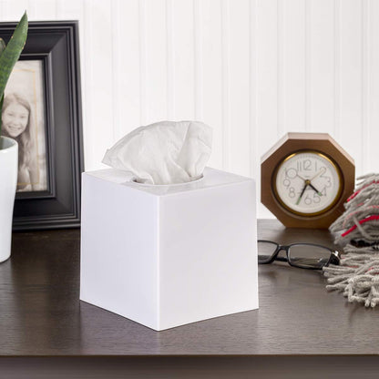 DWËLLZA HOMË 2 Pack White Tissue Box Cover – Square Tissue Box Holder for White Bathroom Accessories Countertop, Decorative Tissue Cover and Square Cube Holder for Modern Home, Office or Dresser Décor