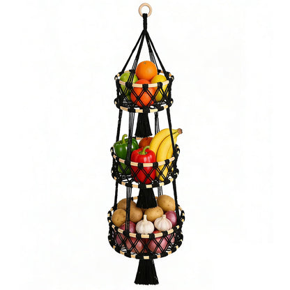 Halidali 3 Tier Hanging Fruit Baskets for Kitchen, Macrame Plant Hanger Cotton Rope Handwoven Hammock Produce Storage Organizer Basket for Plants Holder, Vegetable, Onion, Potato (Black)