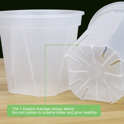 GREENPARA 8-inch Transparent Plastic Garden Pots Planter with Saucer Plant Pot Nursery Pots Drainage Hole for House Plants, Herb, Flowers, and Cactus with Plant Labels, 3-Set