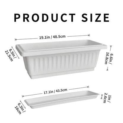 OUMUHE 19 Inch Rectangular Plastic Planters with Drainage and Matching Trays, Set of 2, Window Box Flower Pots for Indoor Outdoor Use (White)