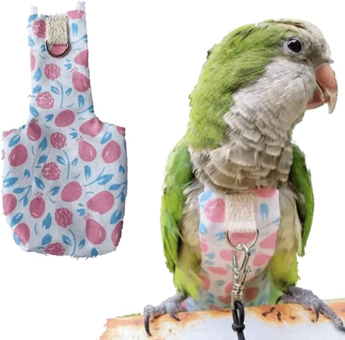 Bird Diaper Harness Flight Suit Clothes, Parrot Flight Suit with Leash, Bird Flying Clothes with Rope and Handle for Outdoor Activities Training (Pink Without Leash,Large)