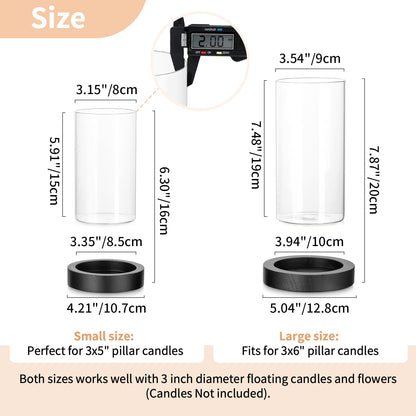 NUPTIO Wooden Candle Holders Pillar: Black Candle Tray with Round Hurricane Glass Vase - Set of 2 Cylinder Floating Candleholder for Home Halloween Thanksgiving Seasonal Decor