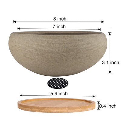 MUZHI Round Unglazed Ceramic Bonsai Pot with Bamboo Tray, Large Rough Pottery Succulent Planter with Drainage Hole 8 inch … (8”)