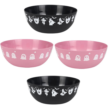AUECOOME 4 Pieces halloween bowls for candy large - Plastic Trick or Treat Bowls, Reusable Serving plastic bowl for Halloween Party Supplies (Black Pink)
