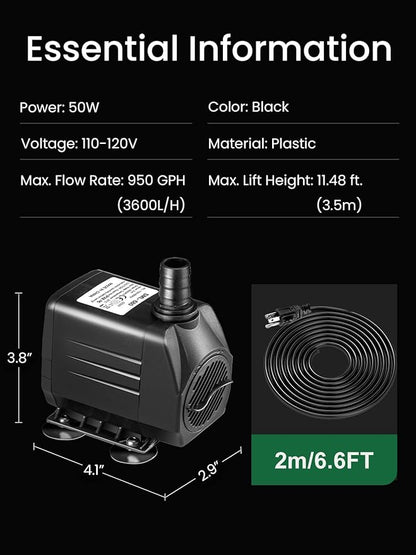 GROWNEER 950GPH Submersible Pump 50W Ultra Quiet Fountain Water Pump 3600L/H, with 9.8ft High Lift, 4 Nozzles for Aquarium, Fish Tank, Pond, Hydroponics, Statuary, Garden, Black (950GPH)