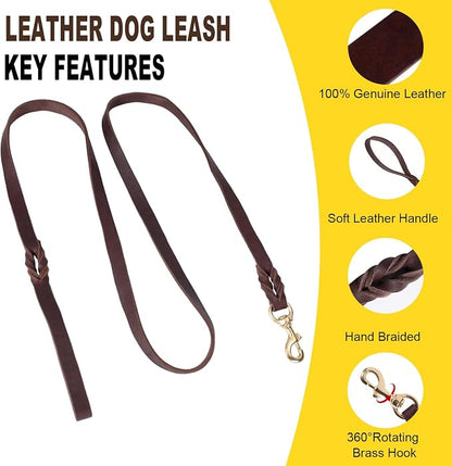 LWBMG 6FT Leather Dog Collar and Leash Set, Heavy Duty Dog Leash and Collar with Metal Buckle,Adjustable Pet Lead and Collar Set, Soft Pet Leash and Collar for Medium Large Dogs Brown