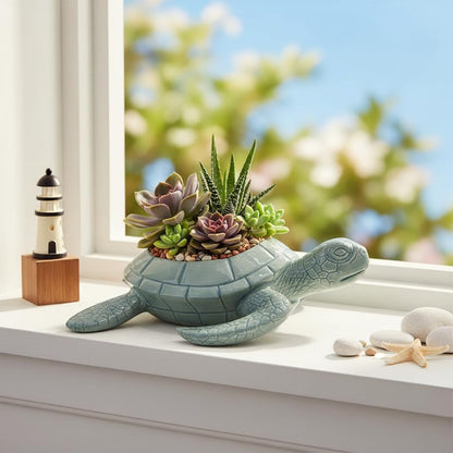 Comfy Hour 9" Sea Turtle Figurine Style Succulent Planter, Decorative Animal Flower Pot for Cactus and Small Plants, Ocean Theme Home Decor Statue (Light Blue)