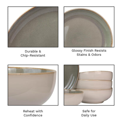 Sango 16-Piece Stoneware Dinnerware Set for 4, Glossy Cream/Green Big Dinner Plates and Bowls Sets with Reactive Glaze, Ceramic Dish Set, Modern Dishes, Microwave & Dishwasher Safe, Resona Moss