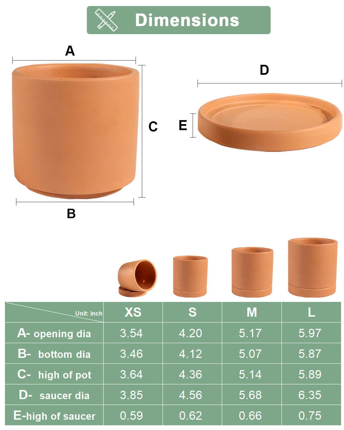 vensovo Terracotta Pots with Drainage and Saucers - 3.5/4.2/5.2/6.0 Inch Clay Planters Set of 4, Round Cylinder Flower Pots for Succulents, Herbs, Indoor Outdoor Plants