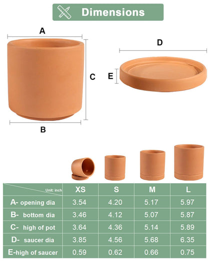 vensovo Terracotta Pots with Drainage and Saucers - 3.5/4.2/5.2/6.0 Inch Clay Planters Set of 4, Round Cylinder Flower Pots for Succulents, Herbs, Indoor Outdoor Plants