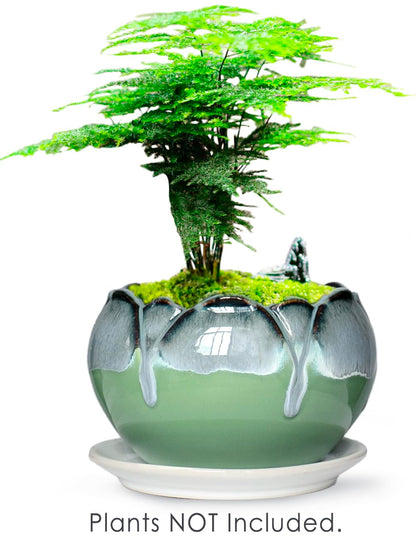 Dahlia 5.5'' Inch Rustic Drip Glazed Ceramic Planter/Succulent Pot/Plant Pot w. Saucer/Tray, Green