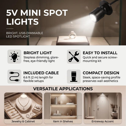 Mini LED Spotlight 5V USB Dimmable Spot Lights Accent Lights with 6.6ft Cable for Painting Picture Plants Jewelry Showcase Model Display (Warm White Light 3000K)
