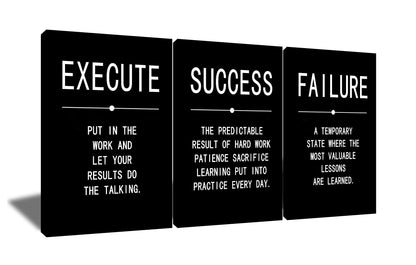 Success Quote Canvas Painting Wall Art Inspirational Wall Art Execute Failure Definition 3 Pieces Black Poster Positive Motivational Framed Artwork Prints Picture for Living Room Office [72''Wx 36''H]