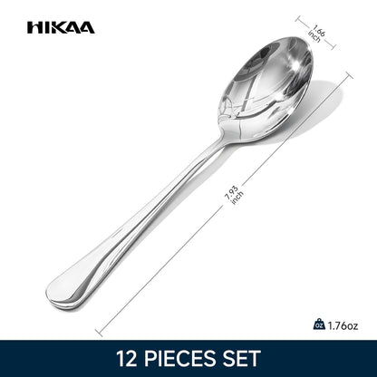 HIKAA 7.9 Inch Dinner Spoons Set of 12, Food Grade Stainless Steel Table Spoons, Mirror Polished Flatware, Smooth Edge, Dishwasher Safe for Home Kitchen Restaurant Party
