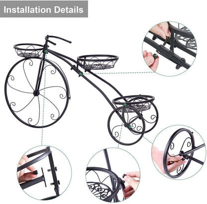 NBJGTFOF Metal Tricycle Planter with 3 Flower Baskets | Outdoor Garden Decor | Free Standing Floral Stand for Patio, Yard, or Veranda
