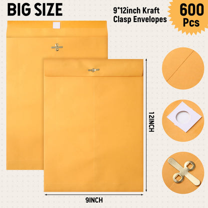 Ctosree 600 Pcs Manilla Envelopes Clasp Envelopes Bulk Brown Kraft Catalog Letter with Clasp Closure and Gummed Seal 28lb Heavyweight Paper (9 x 12 Inch)