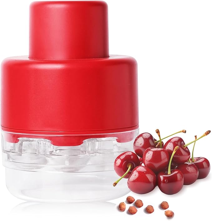 Upgraded Cherry Pitter Tool Pit Remover, 7-in-1 Portable Cherry Core Remover, Quick Release Multi Cherry Pitter Tool for Kitchen, Cake Shop, Fruit Salad (Bright - Red)