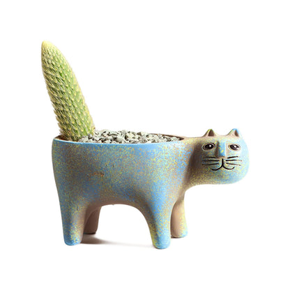 DIYOMR Cat Planter Animal Succulent Pots, Ceramic Cat Mini Flower Pots Cactus/Plants Containers for Home Office Desk Windowsill Decor, Plants Not Included (Light Blue)