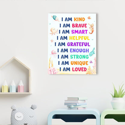 OTINGQD Positive Affirmations Wall Decor for Kids,I Am Kind Smart Canvas Wall Art,Nursery Marine Animal Wall Art,Inspirational Wall Decor for Kids Room Classroom Nursery
