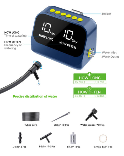 Automatic Watering System for Potted Plants, Plant Waterer, DIY Drip Irrigation Kit with Smart Timer, Waterproof LED Display & Large Capacity Battery, Precise Distribution of Water (Blue)