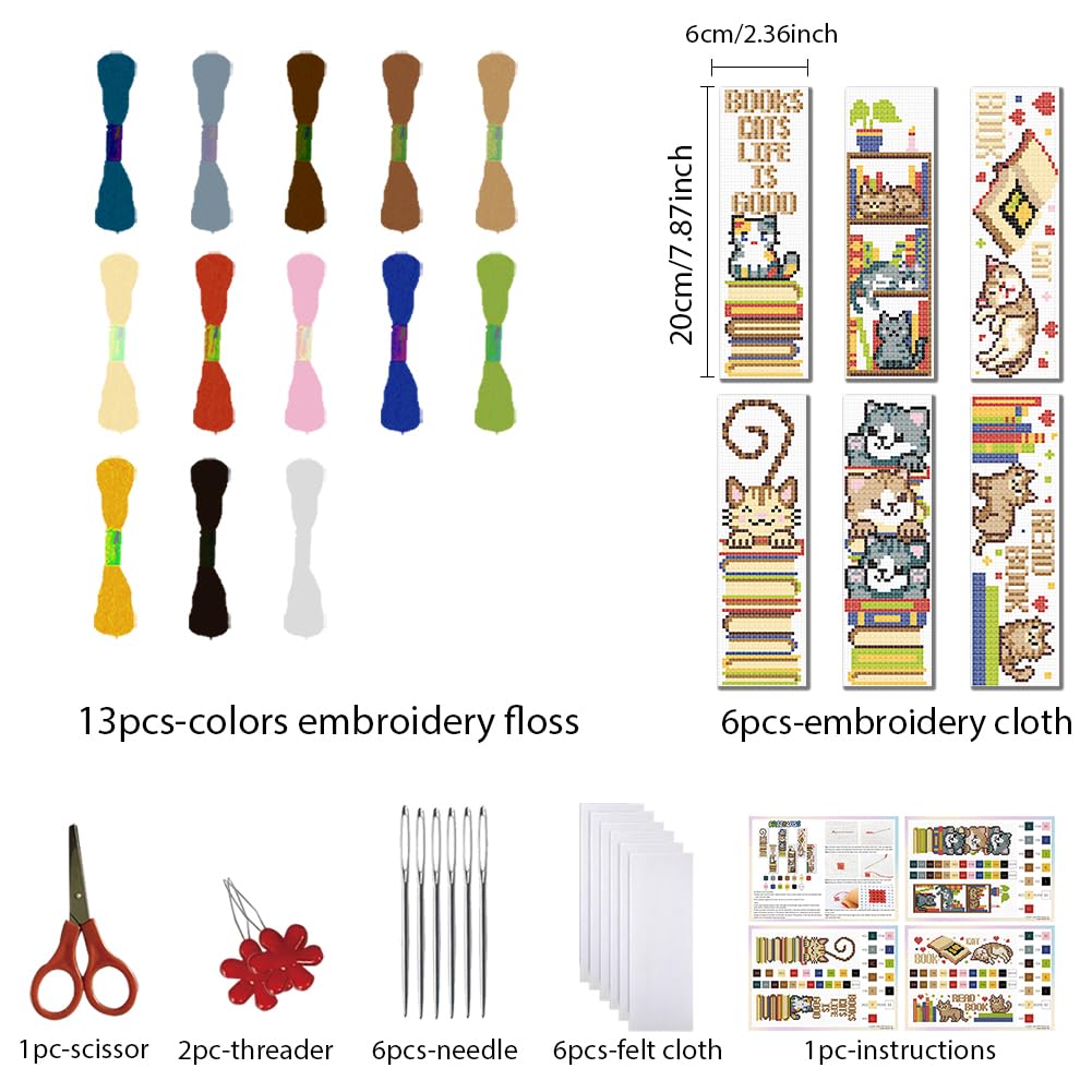FREEBLOSS 6 Set Cross Stitch Bookmark Kits Cat and Books Bookmarks DIY Stamped Embroidery Bookmark Kit for Beginner Cross Stitch Kit DIY Embroidery Bookmarks Crossstitch Projects for Book Lovers