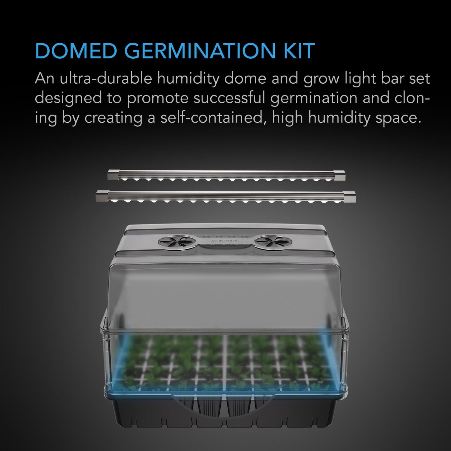 AC Infinity Heavy-Duty Humidity Dome with Full Spectrum LED Grow Light Bars, Samsung LM301H EVO Diodes, 3mm Thickest Dome and 5x8 Trays, Vent Extension Panels, for Seed Starting and Propagation