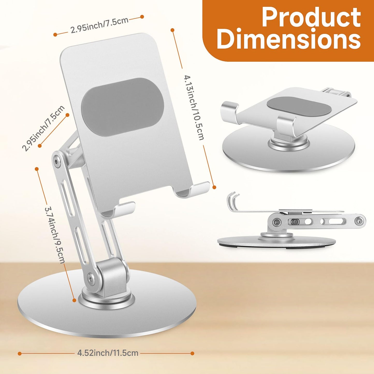 Xiaoshuang Adjustable Aluminum Phone Stand for Desk, No Wobble Heavy Base, Height Adjustable iPhone & iPad Stand, 360° Rotating Foldable Phone Holder for Desk Office Home (4–11”)