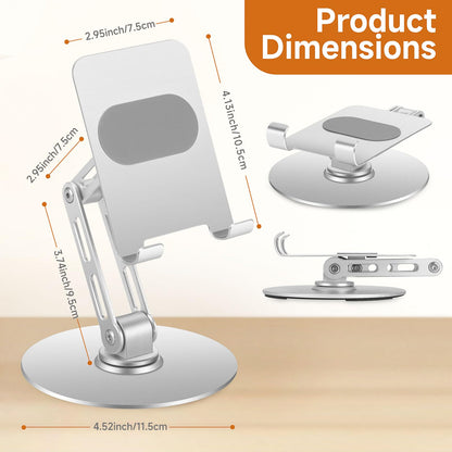 Xiaoshuang Adjustable Aluminum Phone Stand for Desk, No Wobble Heavy Base, Height Adjustable iPhone & iPad Stand, 360° Rotating Foldable Phone Holder for Desk Office Home (4–11”)