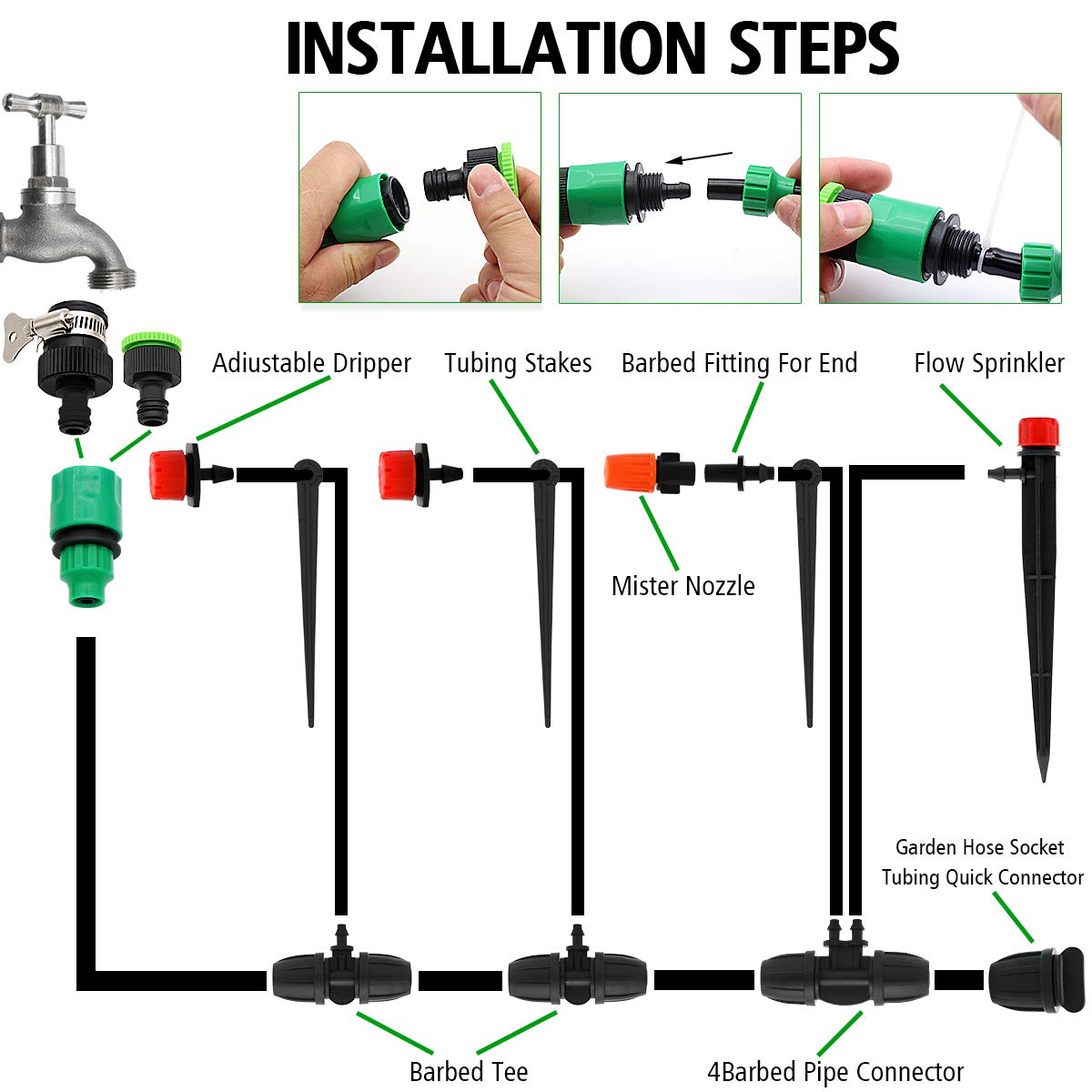 Drip Irrigation System, 100FT Drip Irrigation Kit for Garden - 50FT Main & 50FT Branch Tubing, Adjustable Nozzles for Drip or Mist Cooling, Irrigation System for Garden, Lawn, Patio, Raised Bed