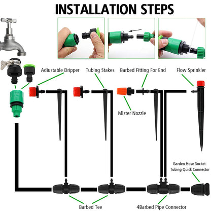 Drip Irrigation System, 100FT Drip Irrigation Kit for Garden - 50FT Main & 50FT Branch Tubing, Adjustable Nozzles for Drip or Mist Cooling, Irrigation System for Garden, Lawn, Patio, Raised Bed