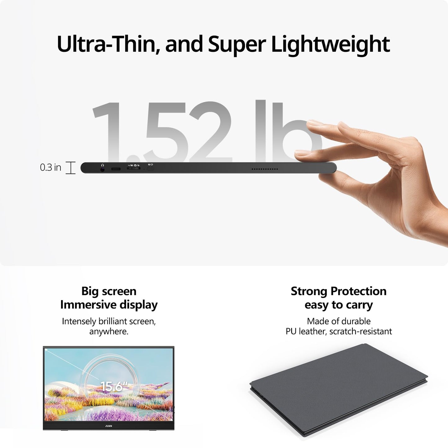 MNN Portable Monitor 15.6inch FHD 1080P 60Hz USB C HDMI Gaming Ultra-Slim IPS Display w/Smart Cover & Speakers,HDR Plug&Play, External Monitor for Laptop PC Phone Mac (15.6'' 1080P)