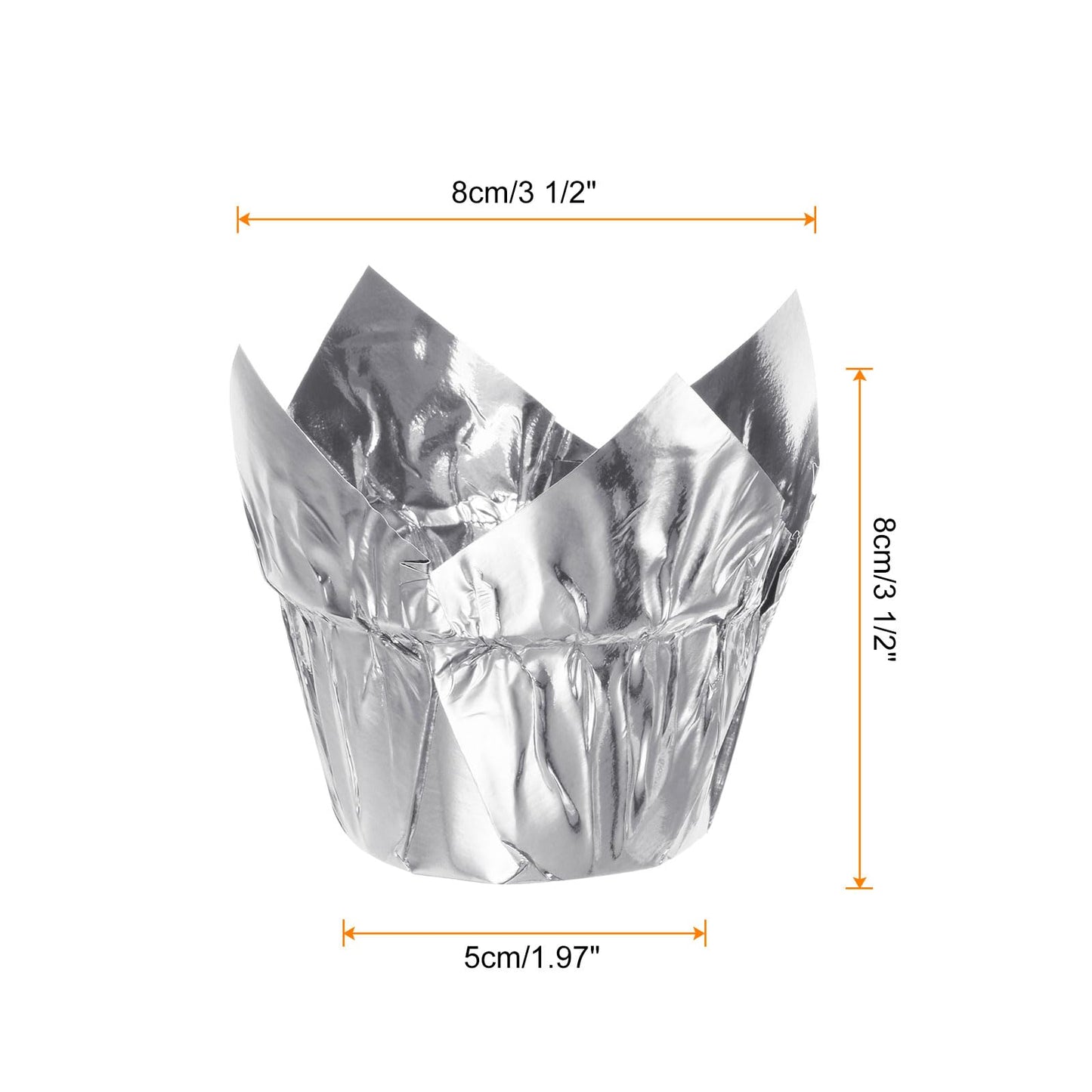 HARFINGTON 100Pcs Tulip Cupcake Liners Standard Aluminum Foil Baking Cups Greaseproof Wrappers Disposable for Birthday Banquets Party, Silver Tone