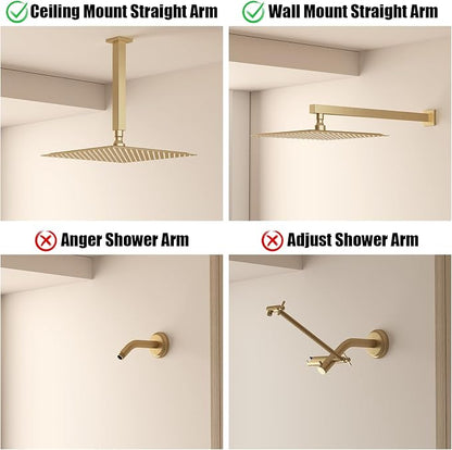 BESy 12 Inch Rain Shower Head, 12" Square Rainfall & High Pressure Stainless Steel Bath Showerhead, 1/16" Ultra Thin, Waterfall Full Body Coverage with Silicone Nozzle, Brushed Gold