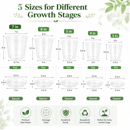 TESSTSY 30 Pack 7/6/5/4/3 Inch Clear Nursery Pots with Drainage and Saucer, Plastic Pots for Planter, Clear Potting Pots for Succulents, Flower, Small Herbs, Indoor Outdoor Gardening
