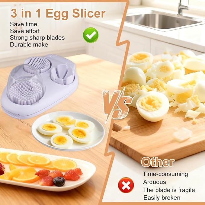 3 in 1 Egg Slicer For Hard Boiled Eggs, 3 Slice Modes Egg Slicer with Stainless Steel Wire Egg Cutter Heavy Duty for Hard Boiled Eggs, Strawberry, Grape, Kitchen Dicer Tool