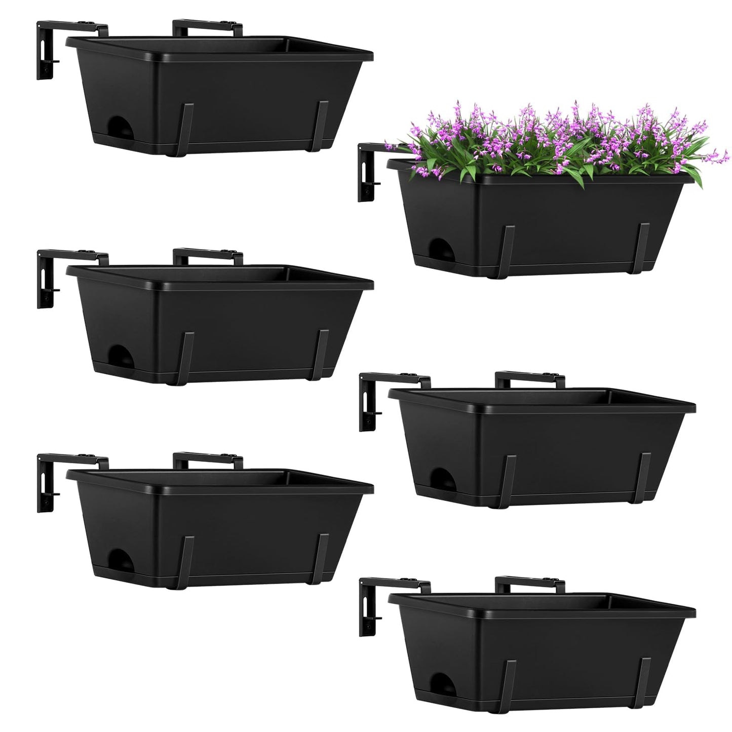 ETELI Railing Planter Hanging and Planter Box Brackets Set 6 Pack Adjustable Deck Window Boxes Planters with Drainage Holes for Garden Railing Fence, Black